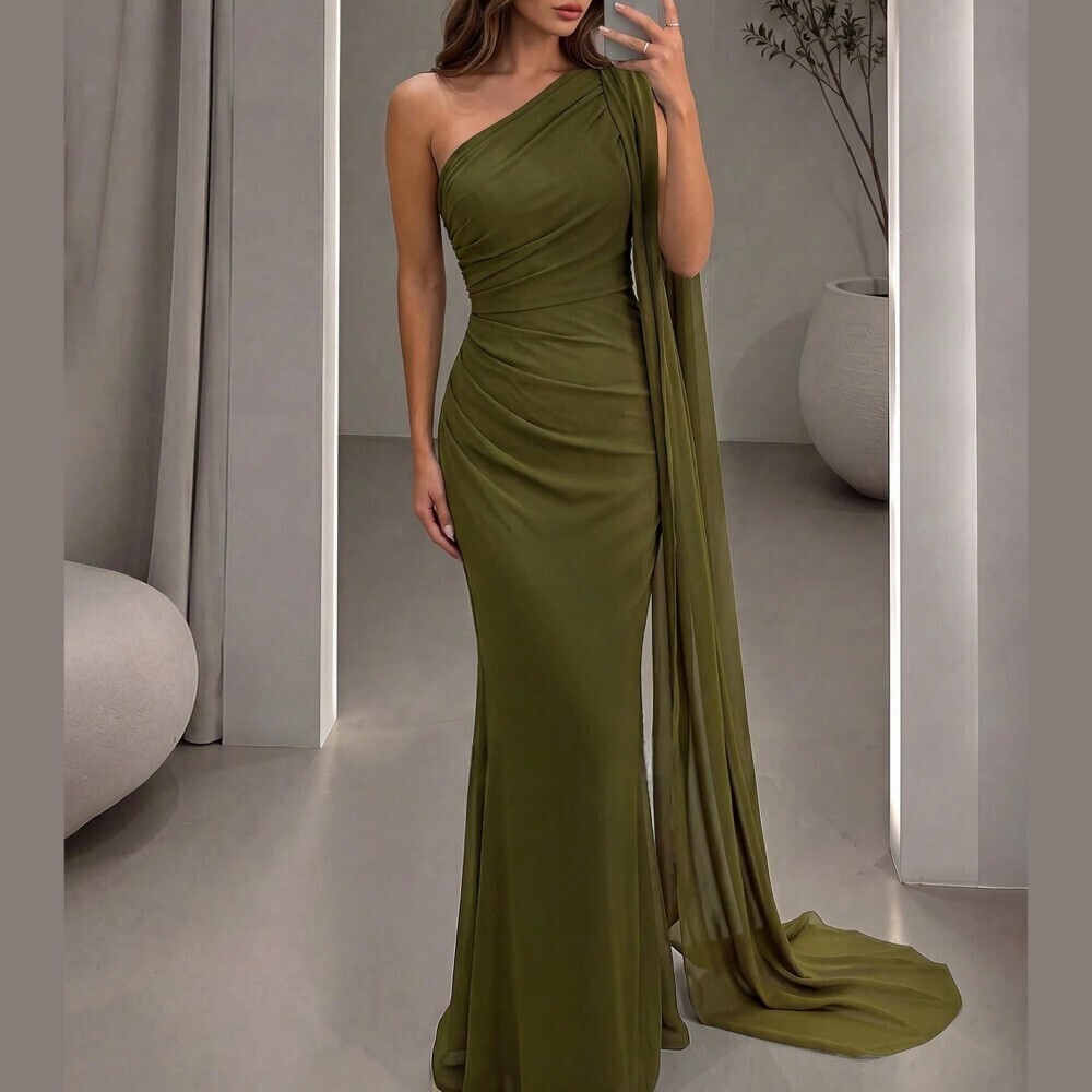 Olive Green One-Shoulder Draped Cape Maxi Gown - Picture 5 of 6